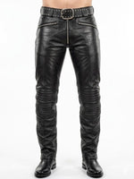 Lade das Bild in den Galerie-Viewer, Front view of Gay Leather Biker Pants in black cowhide with ribbed knees and ass saddle – worn by leatherman.
