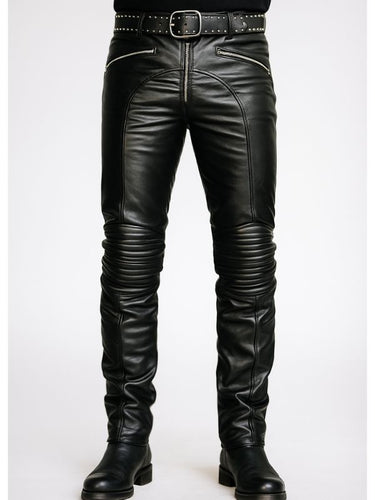 Front view of Gay Leather Biker Pants in black cowhide with ribbed knees and ass saddle – worn by leatherman.