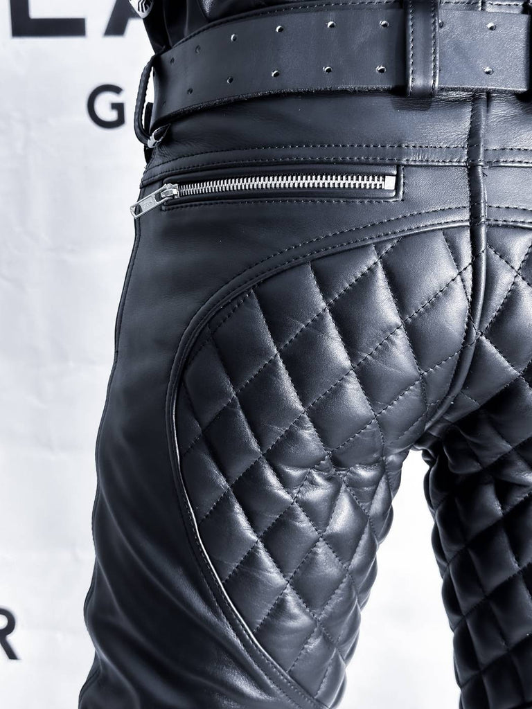 Close-up flat lay of quilted back and seat padding – leather fetish clothing for gay men and uniform lovers