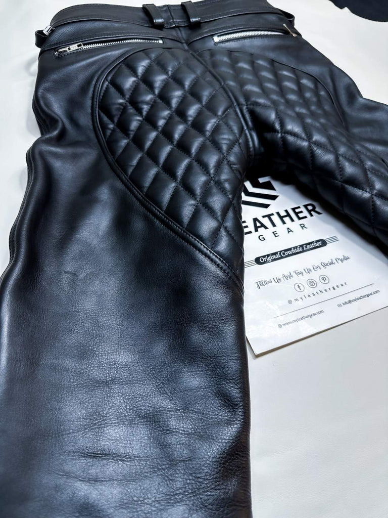 flat lay of back side – leather padded sailor pants with stitched knees and saddle padding for BLUF style