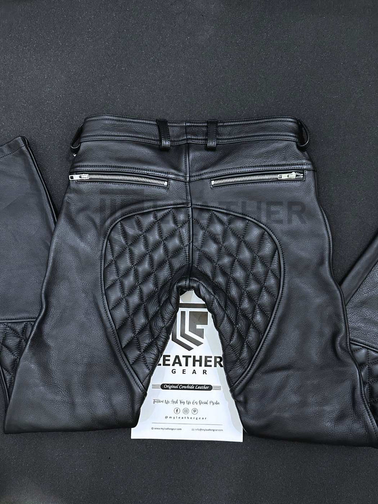 flat lay of back side – leather padded sailor pants with stitched knees and saddle padding for BLUF style