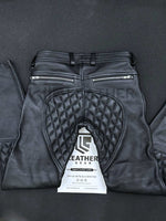 Load image into Gallery viewer, flat lay of back side – leather padded sailor pants with stitched knees and saddle padding for BLUF style
