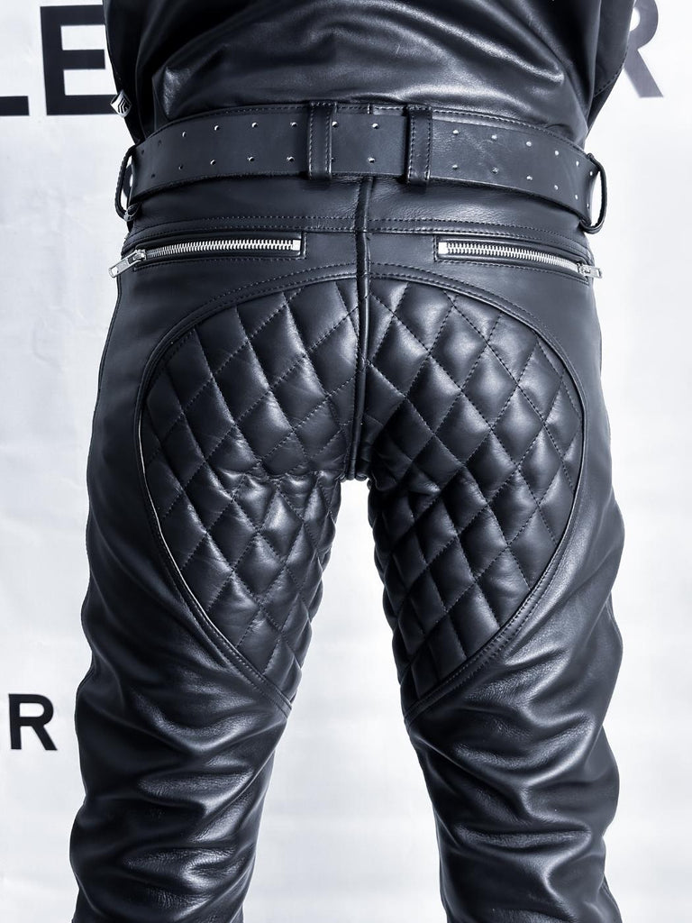Back view of black leather pants with padded seat and fetish styling – rugged gay leather pants from Leather Gear