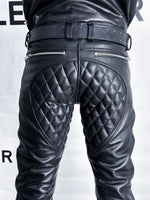 Load image into Gallery viewer, Back view of black leather pants with padded seat and fetish styling – rugged gay leather pants from Leather Gear
