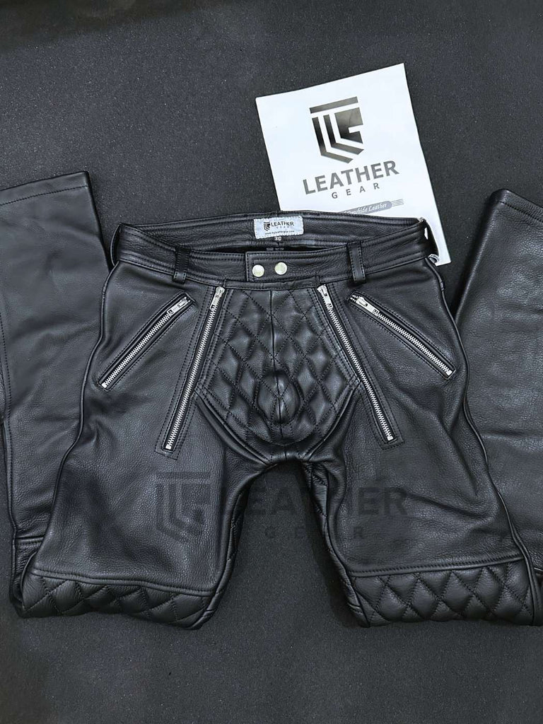 Close-up of padded codpiece on leather pants – tight fit gay fetishwear inspired by leather sailor pants and Mister Hide gear