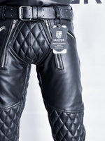 Load image into Gallery viewer, Front view of Gay Leather Padded Pants in black full-grain leather – tight fit fetish pants with quilted codpiece by Leather Gear
