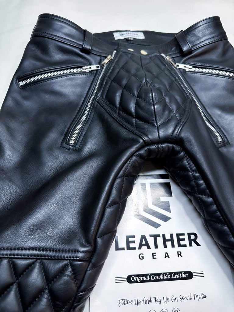 Close-up of padded codpiece on leather pants – tight fit gay fetishwear inspired by leather sailor pants and Mister Hide gear