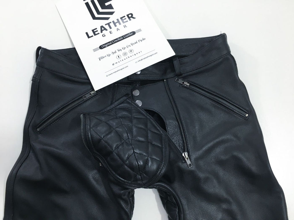 Close-up of padded codpiece on leather pants – tight fit gay fetishwear inspired by leather sailor pants and Mister Hide gear
