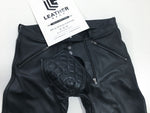 Lade das Bild in den Galerie-Viewer, Close-up of padded codpiece on leather pants – tight fit gay fetishwear inspired by leather sailor pants and Mister Hide gear
