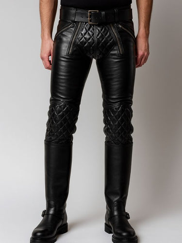 Front view of Gay Leather Padded Pants in black full-grain leather – tight fit fetish pants with quilted codpiece by Leather Gear