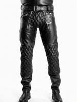 Load image into Gallery viewer, Front view of Gay Leather Padded Pants in black full-grain leather – tight fit fetish pants with quilted codpiece by Leather Gear
