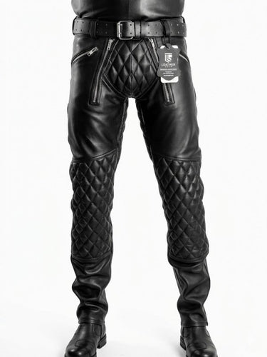 Front view of Gay Leather Padded Pants in black full-grain leather – tight fit fetish pants with quilted codpiece by Leather Gear