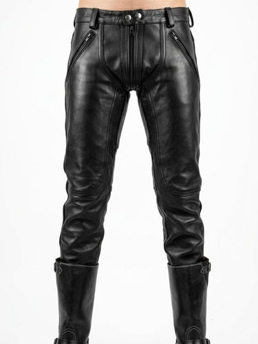 Front view of tight black gay leather pants for leathermen – Leather Gear