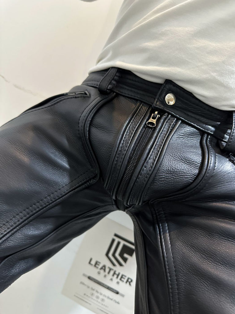 closeup of tight black gay leather pants for leathermen – Leather Gear