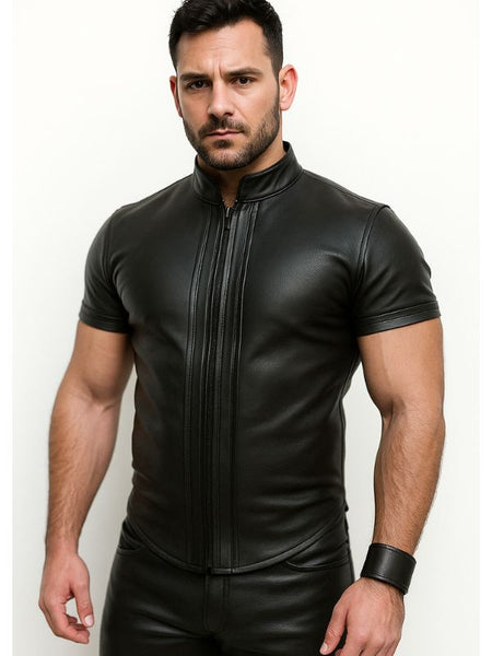 gay biker gear Leather Biker Shirt – Zippered Fetish Top for Gay Bikers