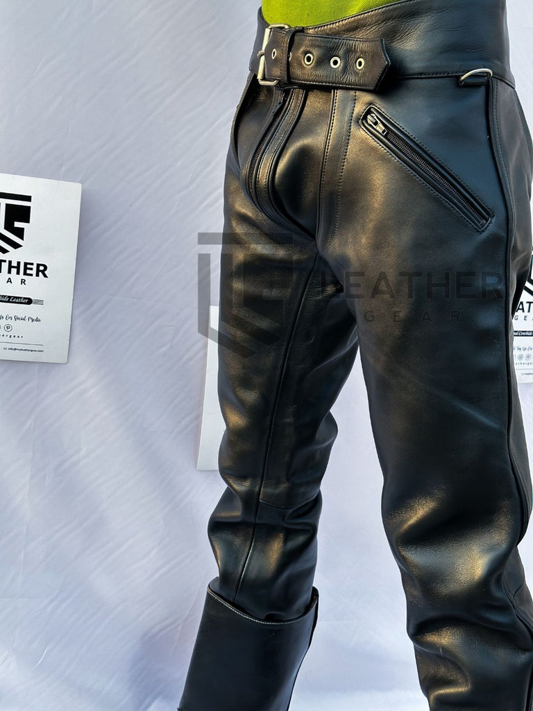 Side profile showing full zip leather chaps pants for gay men