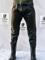 Load image into Gallery viewer, Front view of zip-off leather chaps pants made from full-grain cowhide
