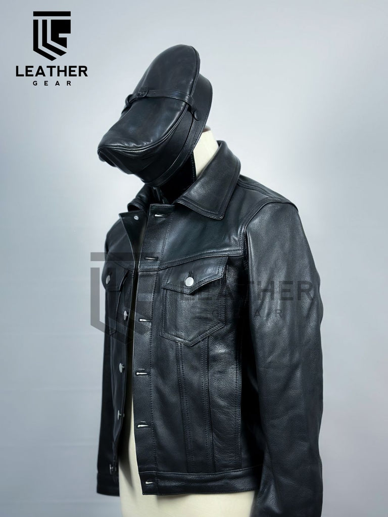 Slight left angle of leather denim jacket – stylish gay leatherwear display