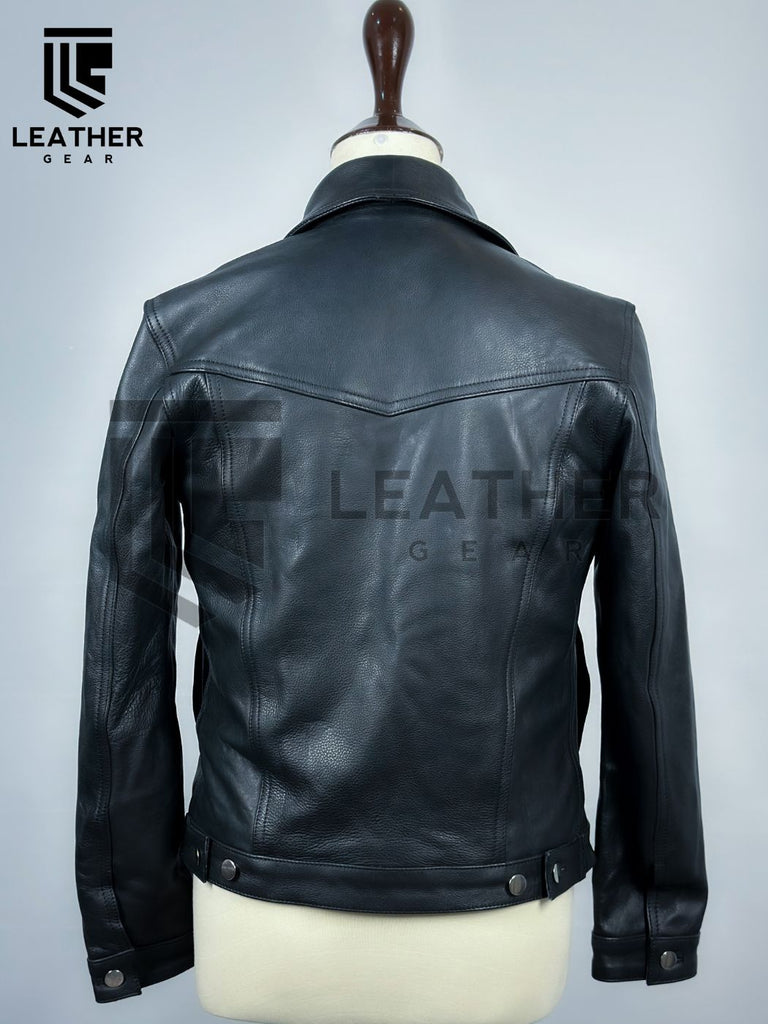 ack view of leather denim-style jacket – gay leather streetwear