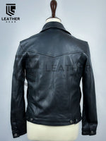 Load image into Gallery viewer, ack view of leather denim-style jacket – gay leather streetwear
