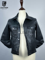 Load image into Gallery viewer, Front view of black leather denim jacket on mannequin – fetish jacket by LeatherGear
