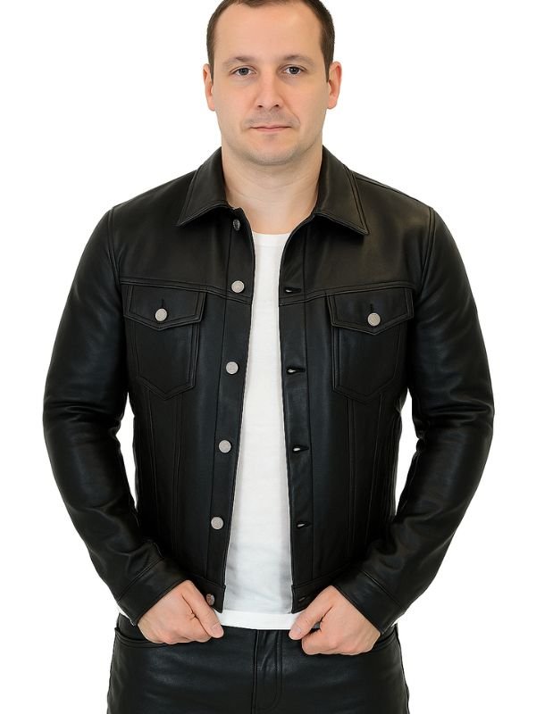 Front view of man wearing leather denim jacket with buttons open – slim-fit black leather fetish style