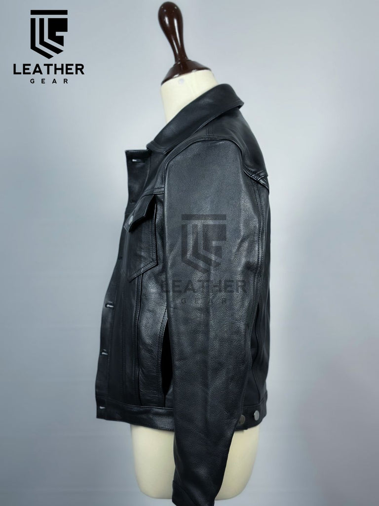 Left side view of leather denim jacket – cowhide gay fashion gear