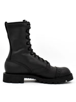 Charger l&#39;image dans la galerie, Right side view of Leather Exclusive Combat Boots – black combat boot with Vibram sole and brogued toe cap
