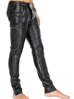 Load image into Gallery viewer, Side view of tight black leather fetish jeans pants with cowhide finish
