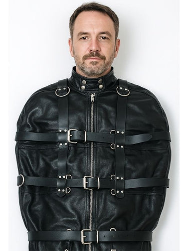 leather sleep sack with buckled belts closed — secure bondage gear for gay men