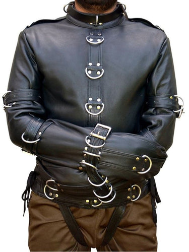 Front view of Leather Fetish Straitjacket in black full-grain leather with arms strapped, gay bondage restraint gear Leather Gear