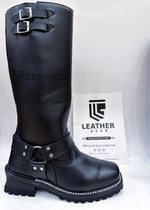Lade das Bild in den Galerie-Viewer, Right side view of tall black leather harness boots with double buckle straps and Vibram lug sole, perfect for motorcycle and gay leather fetish wear
