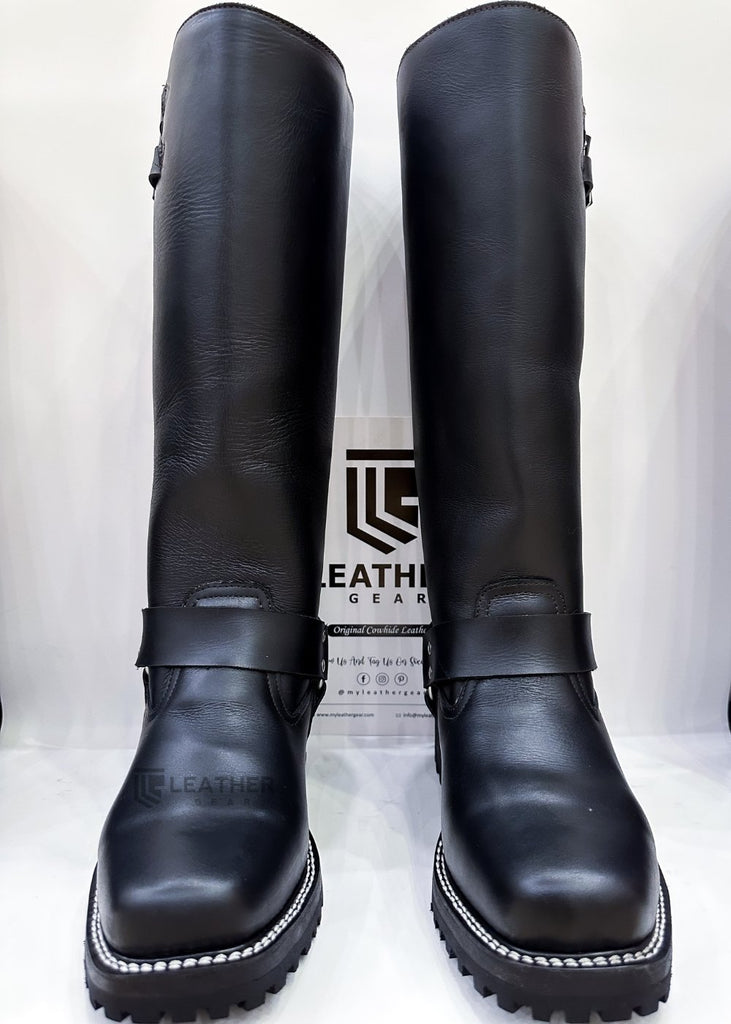 Pair of Double Strap Black Leather Harness Boots for BLUF, biker, and gay fetish style—crafted in premium black full-grain leather by leather gear