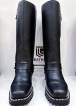 Lade das Bild in den Galerie-Viewer, Pair of Double Strap Black Leather Harness Boots for BLUF, biker, and gay fetish style—crafted in premium black full-grain leather by leather gear
