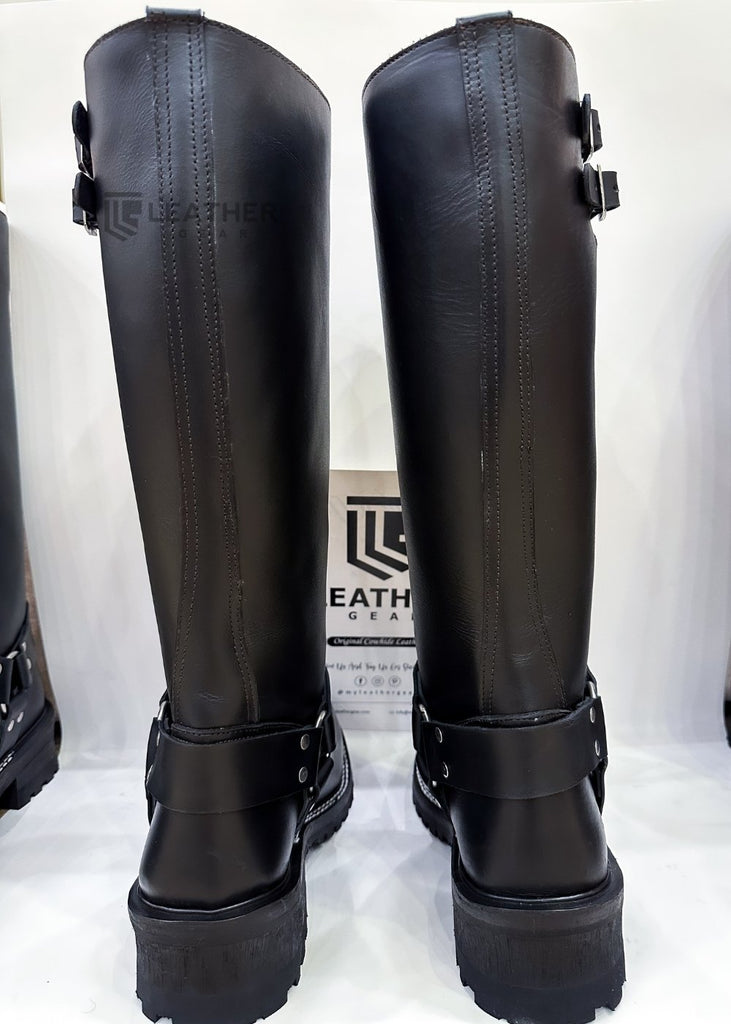 Back view of Double Strap Black Leather Harness Boots showcasing reinforced stitching, leather shaft, and high fetish appeal by leathergear