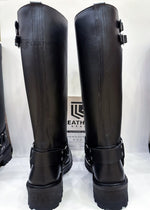 Lade das Bild in den Galerie-Viewer, Back view of Double Strap Black Leather Harness Boots showcasing reinforced stitching, leather shaft, and high fetish appeal by leathergear
