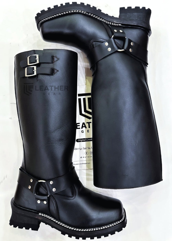 black leather harness boots with double buckle straps, ideal for BLUF fetishwear and motorcycle leather outfits