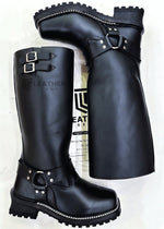 Lade das Bild in den Galerie-Viewer, black leather harness boots with double buckle straps, ideal for BLUF fetishwear and motorcycle leather outfits
