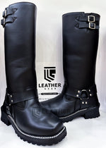 Lade das Bild in den Galerie-Viewer, Front view of pair of 16-inch black leather harness boots with square toes and double straps, perfect for black gay uniform and fetish style by leather gear
