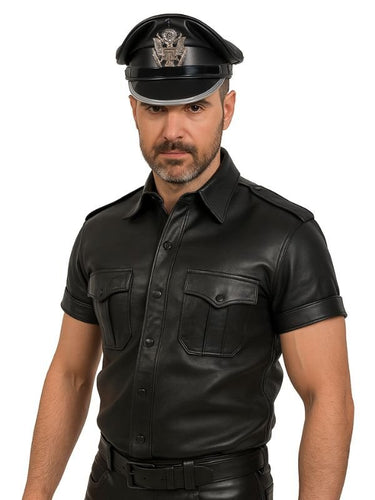 Model wearing black leather military cap for gay BLUF uniform and fetish fashion