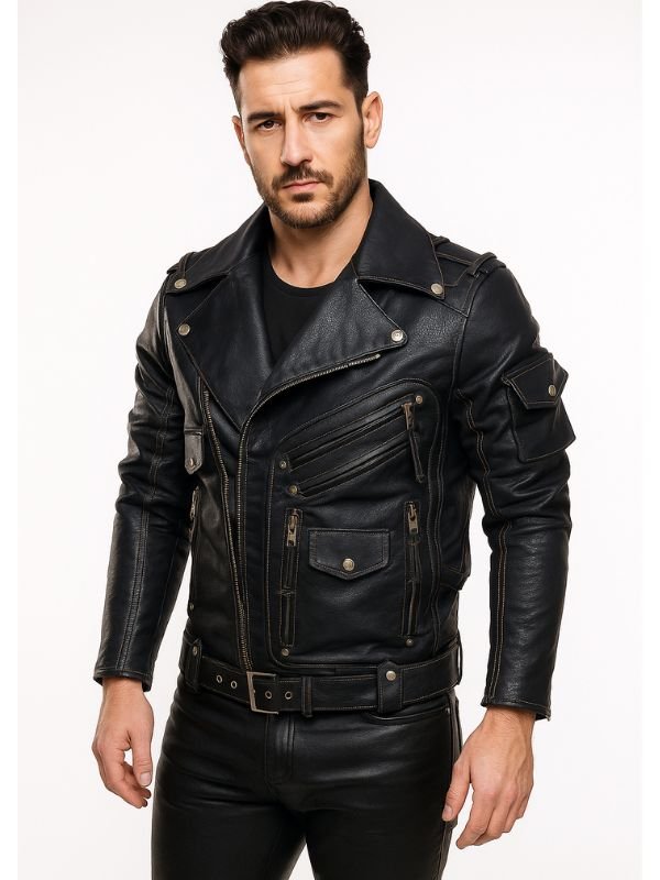 Front close-up of black leather biker jacket showing chest pockets and zipper details