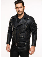 Lade das Bild in den Galerie-Viewer, Front close-up of black leather biker jacket showing chest pockets and zipper details
