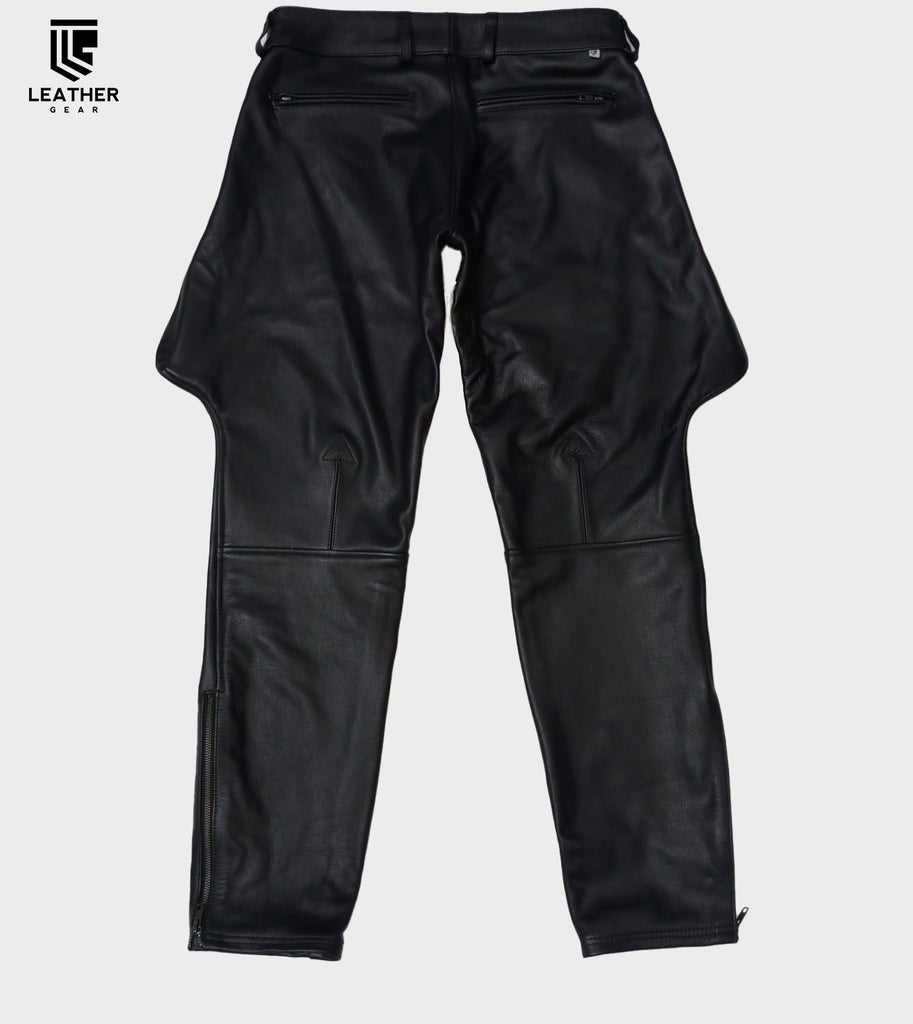 Leather Ranger Pants back side laying flat  – showing back pockets, black leather ass saddle, and leg contour.
