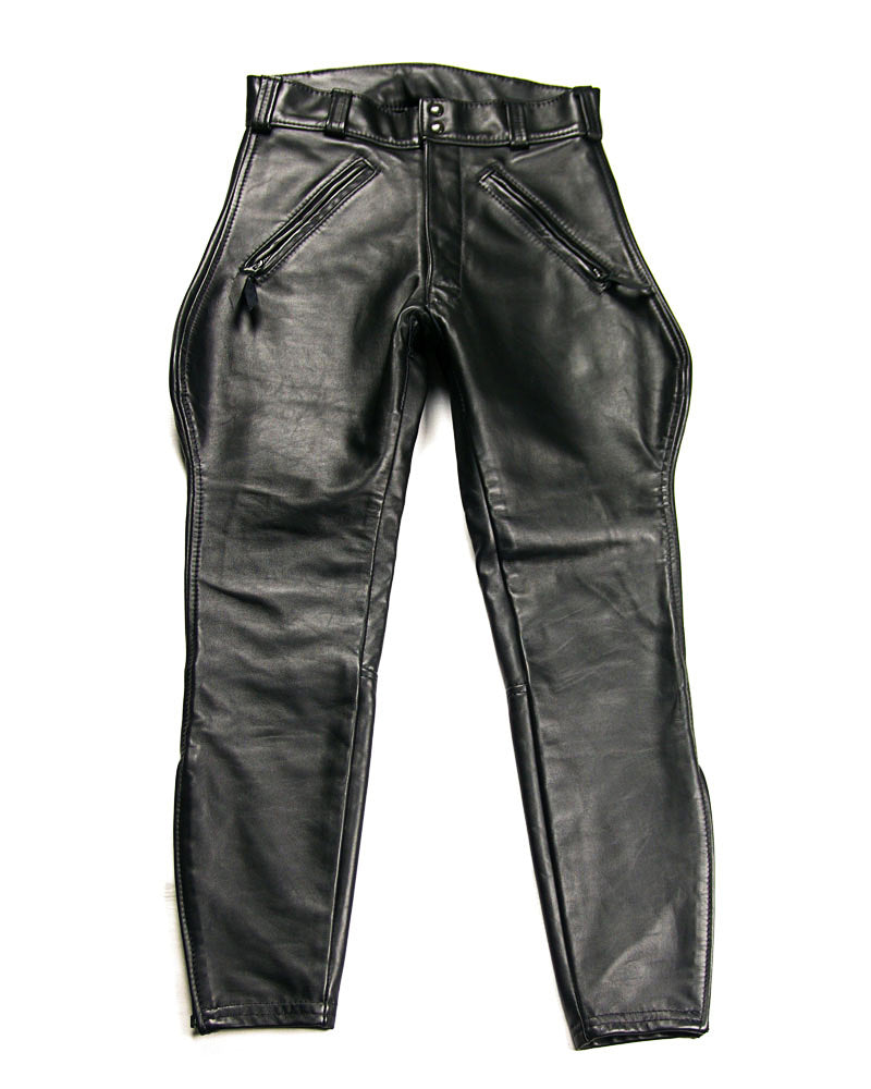 Leather Ranger Pants front view laying flat – highlighting cowhide texture and detailed stitching.