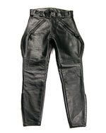 Lade das Bild in den Galerie-Viewer, Leather Ranger Pants front view laying flat – highlighting cowhide texture and detailed stitching.
