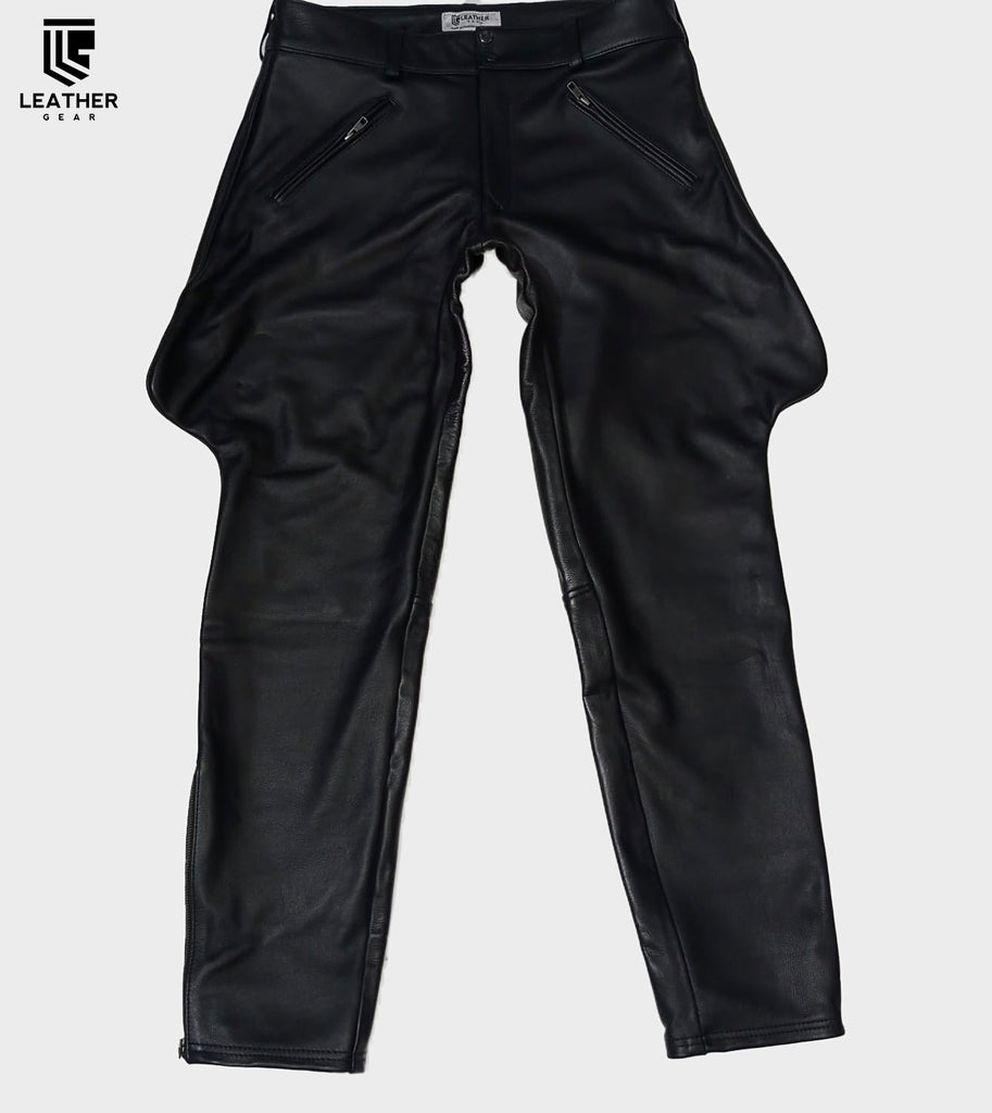 Leather Ranger Pants front view laying flat – showcasing zipper fly, belt loops, and slim leg cut.