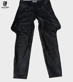 Lade das Bild in den Galerie-Viewer, Leather Ranger Pants front view laying flat – showcasing zipper fly, belt loops, and slim leg cut.
