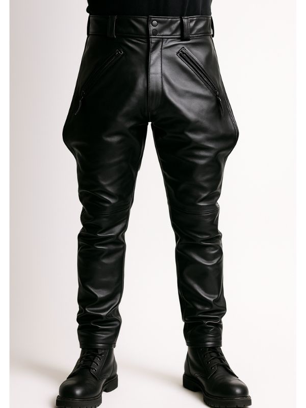 Front view of leatherman wearing Leather Ranger Pants – showing tight fit, low waist, and fetish styling.