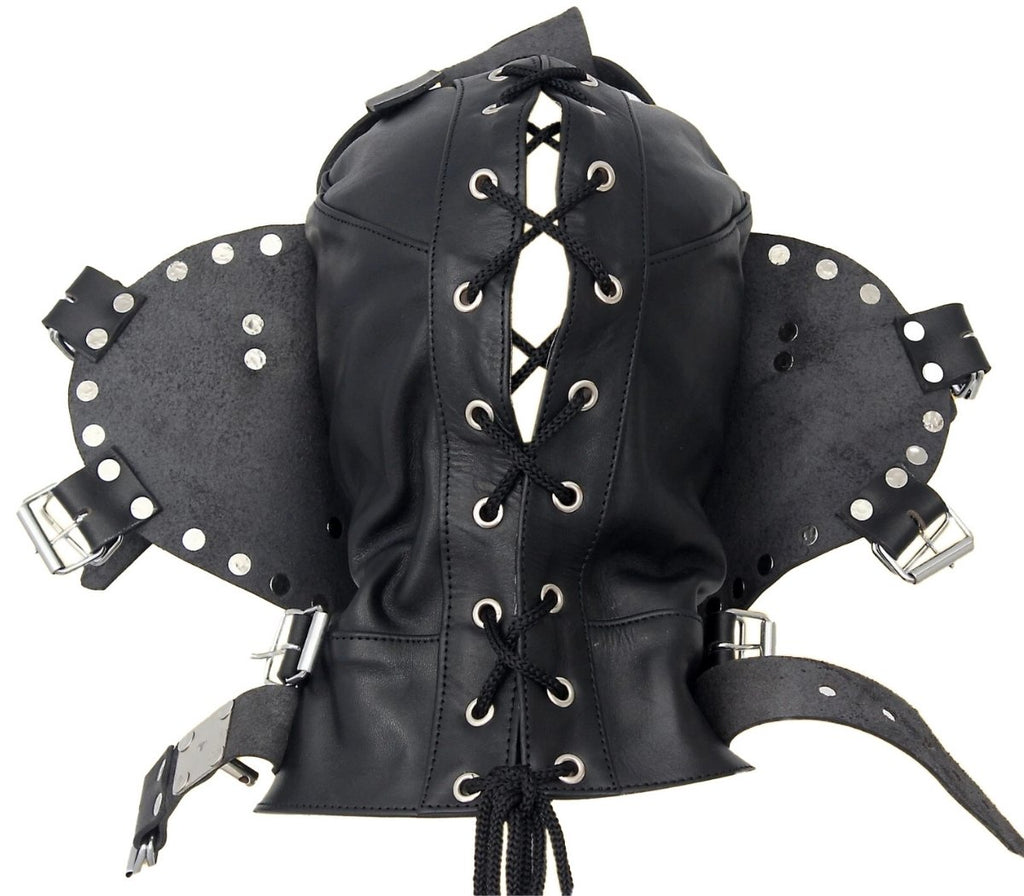 Back view: lace-up leather hood with side flaps open