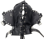 Load image into Gallery viewer, Back view: lace-up leather hood with side flaps open
